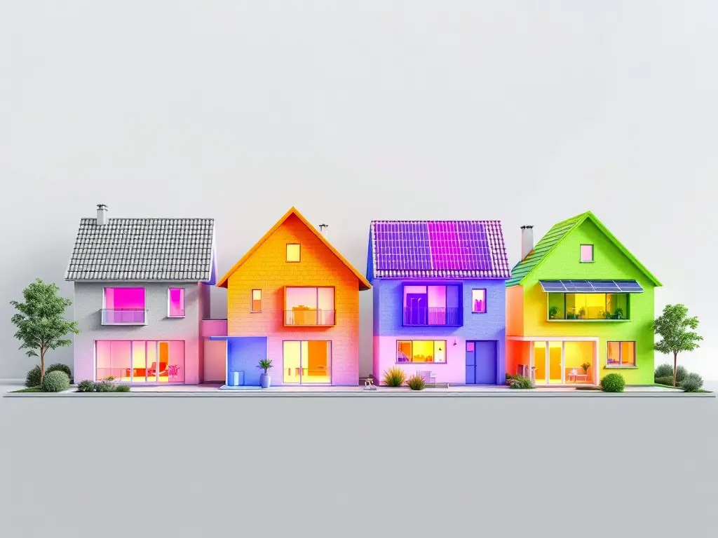 Stufenweise Darstellung einer Gebäudesanierung: Vier verbundene Hausmodelle zeigen den Fortschritt von unsaniert bis energieeffizient modernisiert, visualisiert durch Farbverläufe und Effizienzmerkmale.