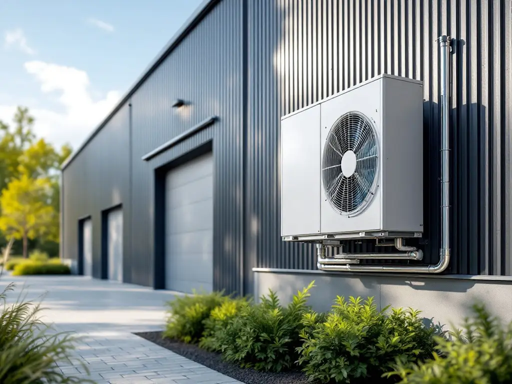 Eine moderne Wärmepumpe an einer Logisitkhalle