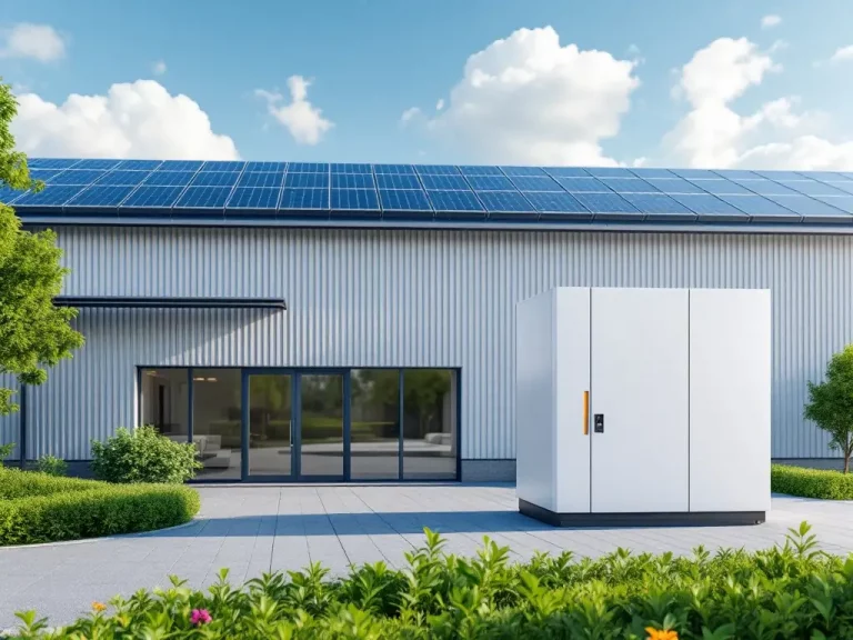 Ein Batteriespeicher steht vor einer großen Gewerbehalle.