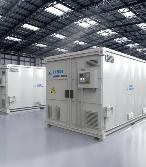 3d rendering energy storage system or battery container units in factory or warehouse